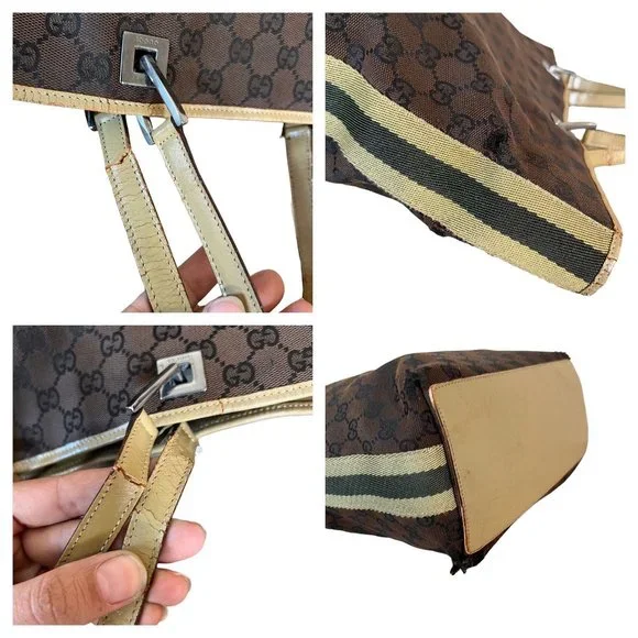 Authentic Gucci Tote Bag Brown Canvas Used GG Handbag Vintage - Picture 12 of 14